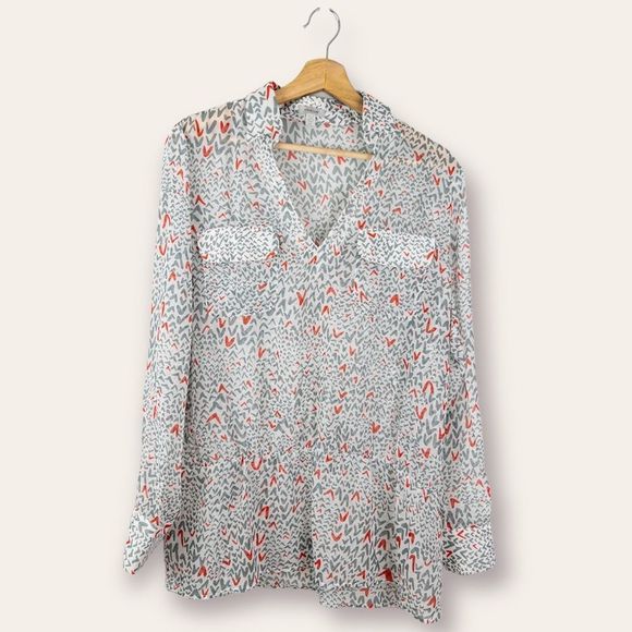 TRISTAN Womens Semi Sheer Grey Red Arrow Tunic Blouse Size Large Collared - Picture 1 of 11